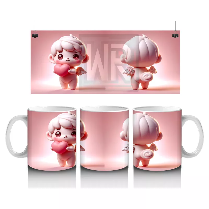 Kalpli Arka Planda İkiz Sevimli Figürler – Baskılı Kahve Kupası