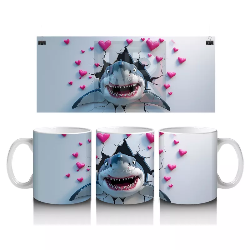 Kalpli Arka Planda Neşeli Köpekbalığı - Baskılı Kahve Kupası