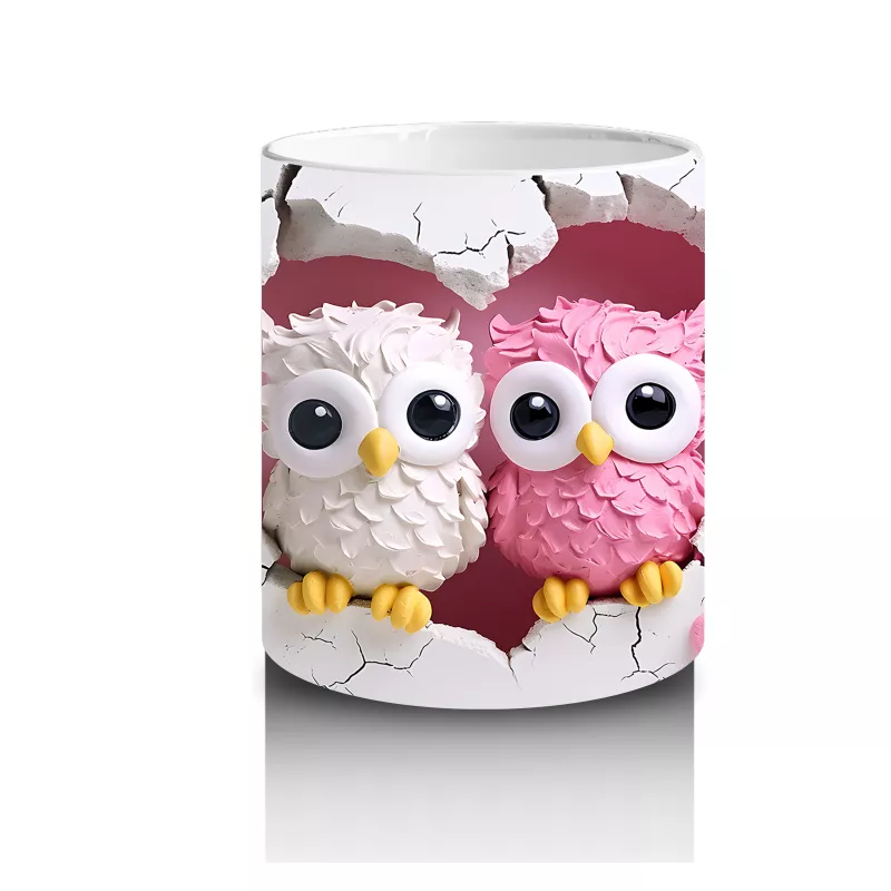 Kalpli Arka Planda Renkli Baykuş Çifti – Baskılı Kahve Kupası - 3