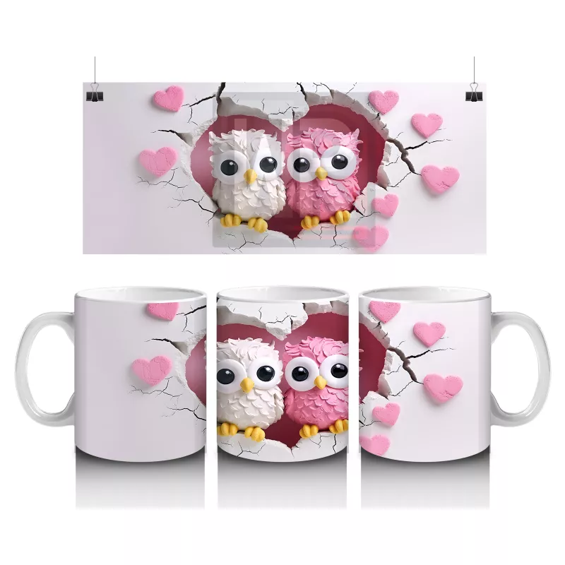 Kalpli Arka Planda Renkli Baykuş Çifti – Baskılı Kahve Kupası