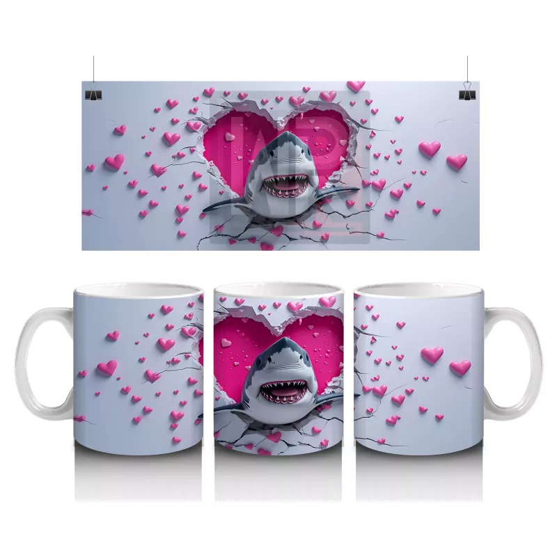 Kalpli Arka Planda Sevimli Köpekbalığı Figürü - Baskılı kahve kupası