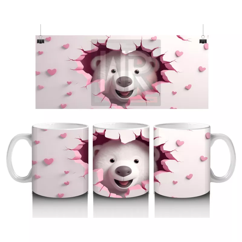 Kalpli Arka Planda Tatlı Ayı – Baskılı Kahve Kupası