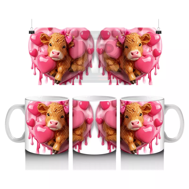 Kalpli Balonlarla Süslenmiş Sevimli İnek Figürleri – Baskılı Kahve Kupası