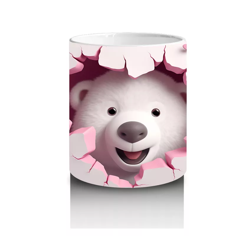 Kalpli Çatlak Duvar Önünde Sevimli Ayı – Baskılı Kahve Kupası - 3