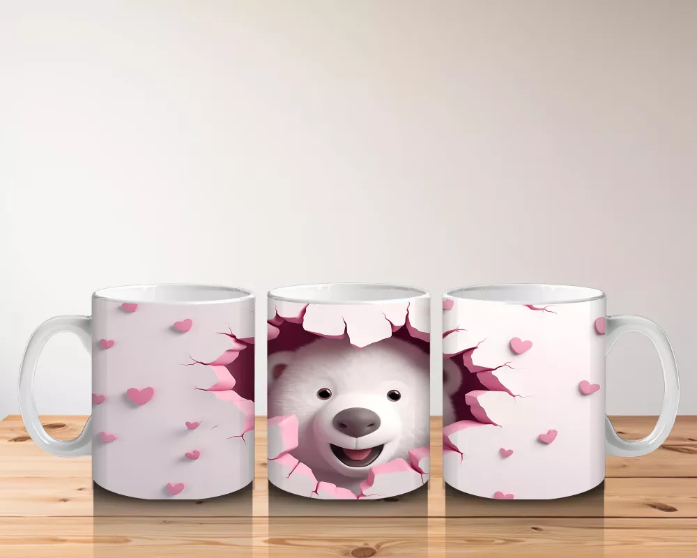 Kalpli Çatlak Duvar Önünde Sevimli Ayı – Baskılı Kahve Kupası - 5