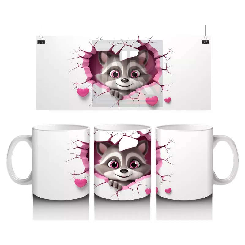 Kalpli Çatlaklı Duvar Önünde Sevimli Rakun – Baskılı Kahve Kupası