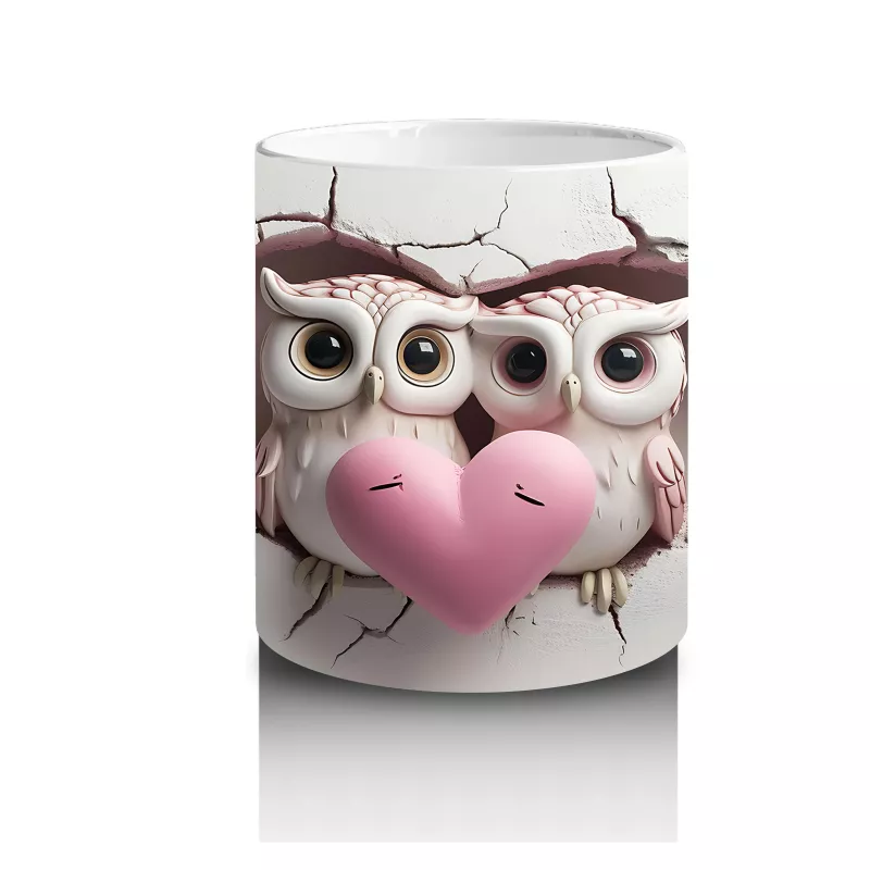 Kalpli Çatlakta Aşk Dolu Baykuş Çifti – Baskılı Kahve Kupası - 3