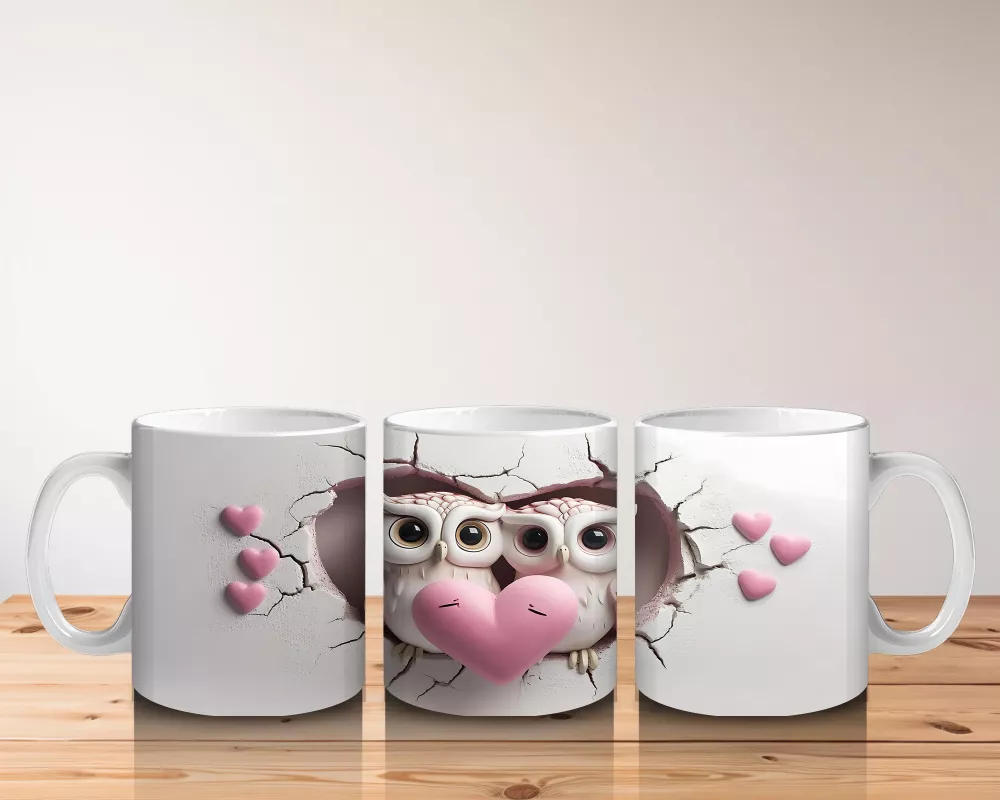 Kalpli Çatlakta Aşk Dolu Baykuş Çifti – Baskılı Kahve Kupası - 5