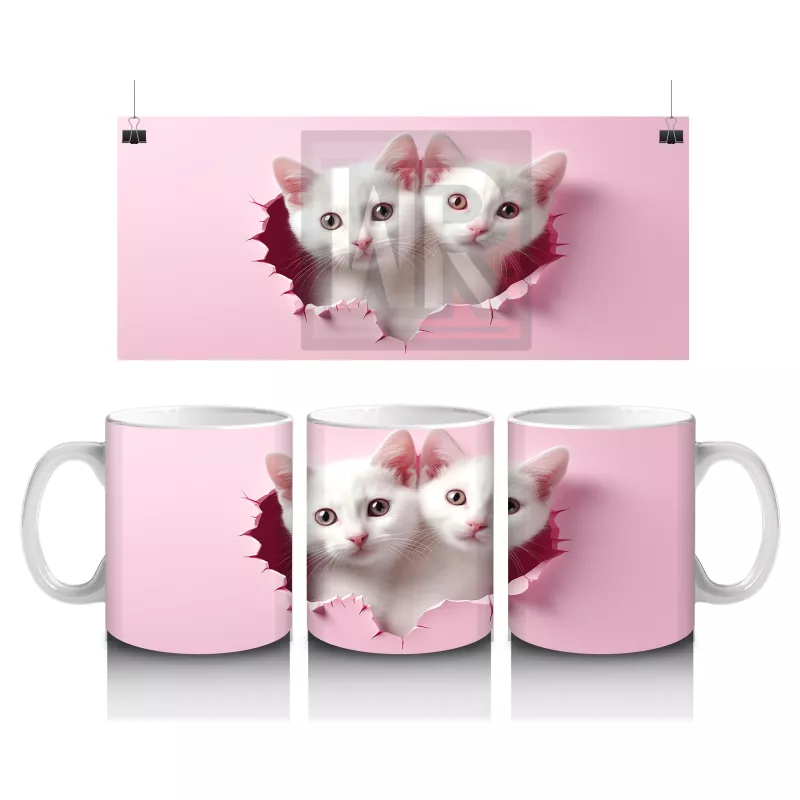 Kalpli Çatlakta Bakan Sevimli Beyaz Kedicikler – Baskılı Kahve Kupası