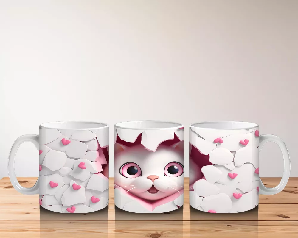 Kalpli Çatlakta Bakan Sevimli Pembe Gözlü Kedi – Baskılı Kahve Kupası - 5