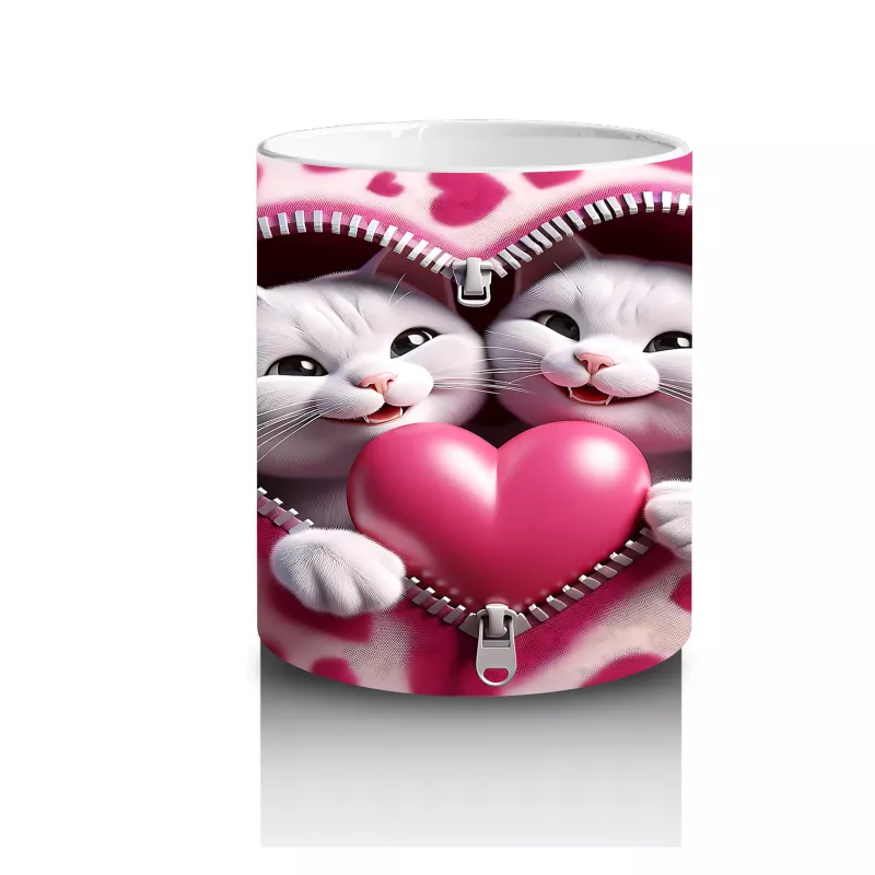 Kalpli Çerçevede Sarılmış İki Sevimli Kedi – Baskılı Kahve Kupası - 3
