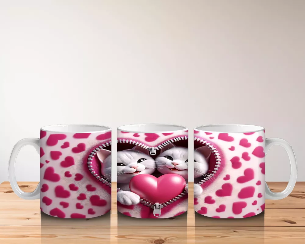 Kalpli Çerçevede Sarılmış İki Sevimli Kedi – Baskılı Kahve Kupası - 5