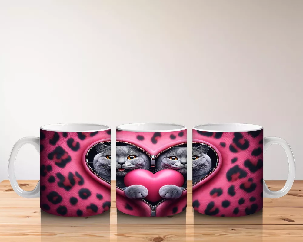 Kalpli Çerçevede Sarılmış Sevimli Gri Kedi Çifti - Baskılı kahve kupası - 5