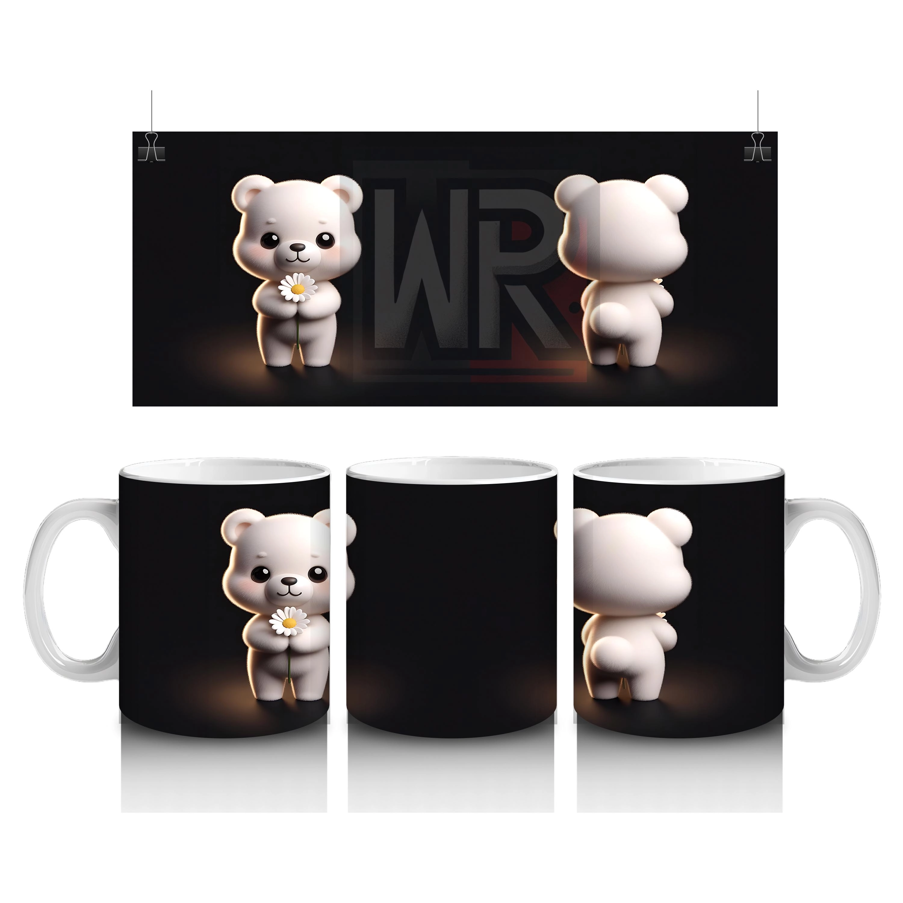 Kalpli Çiçek Tutan Ayıcık ve Arka Yüzü – Baskılı Kahve Kupası