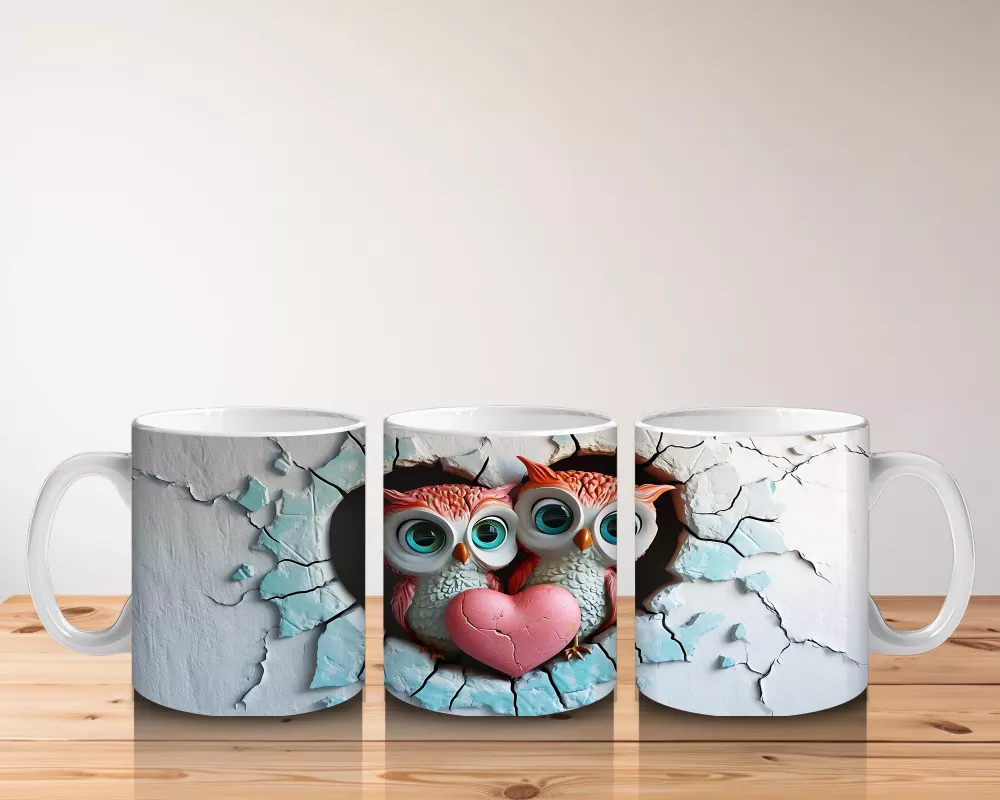 Kalpli Detaylı Kırık Duvarlı Baykuşlar - Baskılı Kahve Kupası - 5