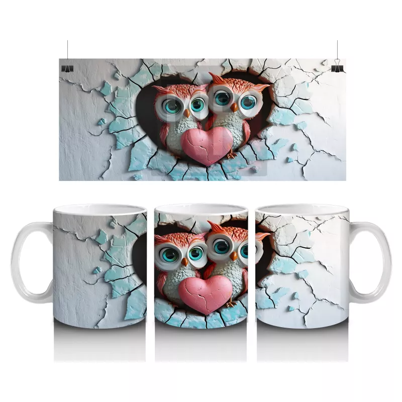 Kalpli Detaylı Kırık Duvarlı Baykuşlar - Baskılı Kahve Kupası