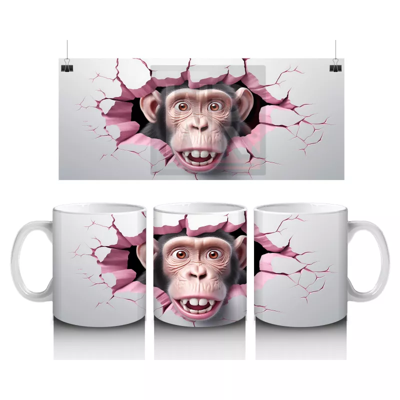 Kalpli Duvar Arasında Neşeli Şempanze – Baskılı Kahve Kupası