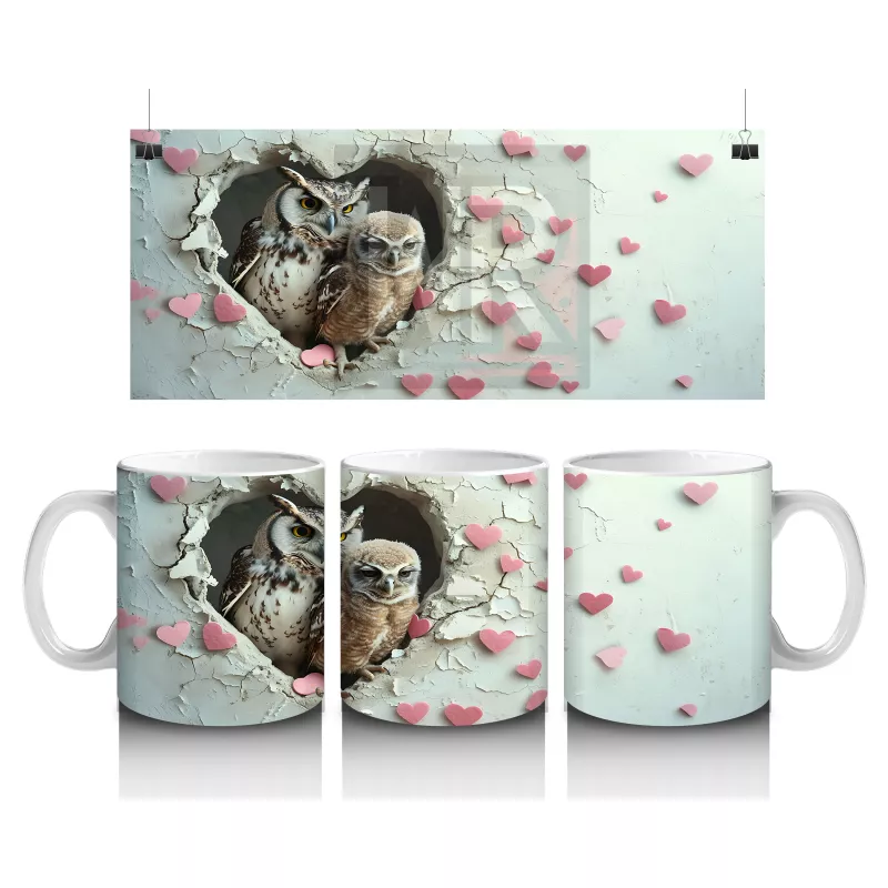 Kalpli Duvarın İçinden Bakan Baykuş ve Yavrusu - Baskılı kahve kupası
