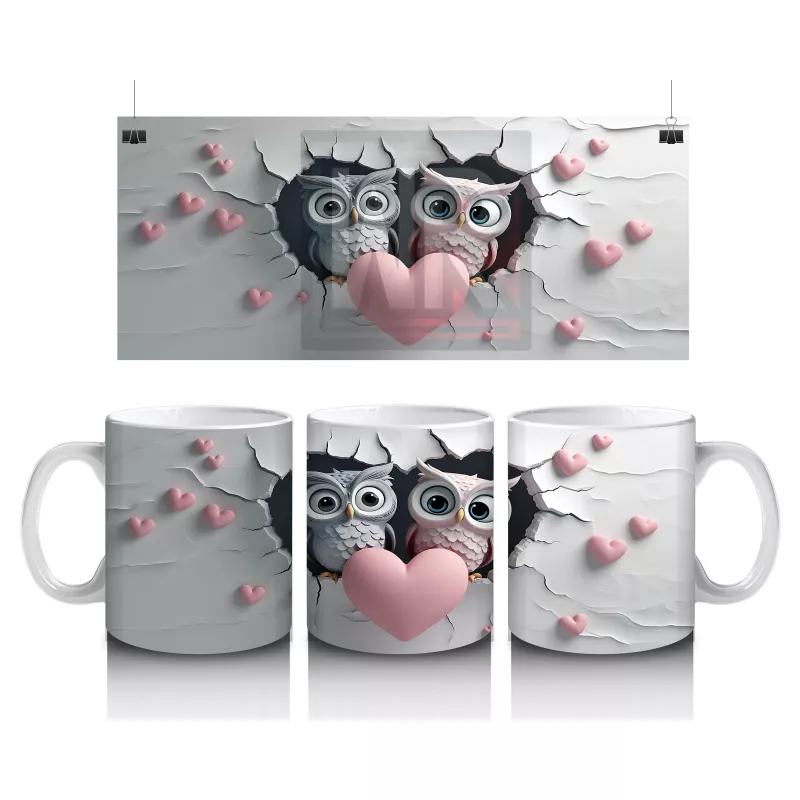 Kalpli Figür Tutan Çatlak Zeminden Bakan Baykuş Çifti - Baskılı kahve kupası