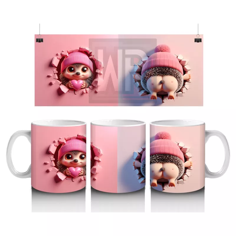 Kalpli Figür Tutan Pembe Bereli Kirpi Karakteri - Baskılı kahve kupası