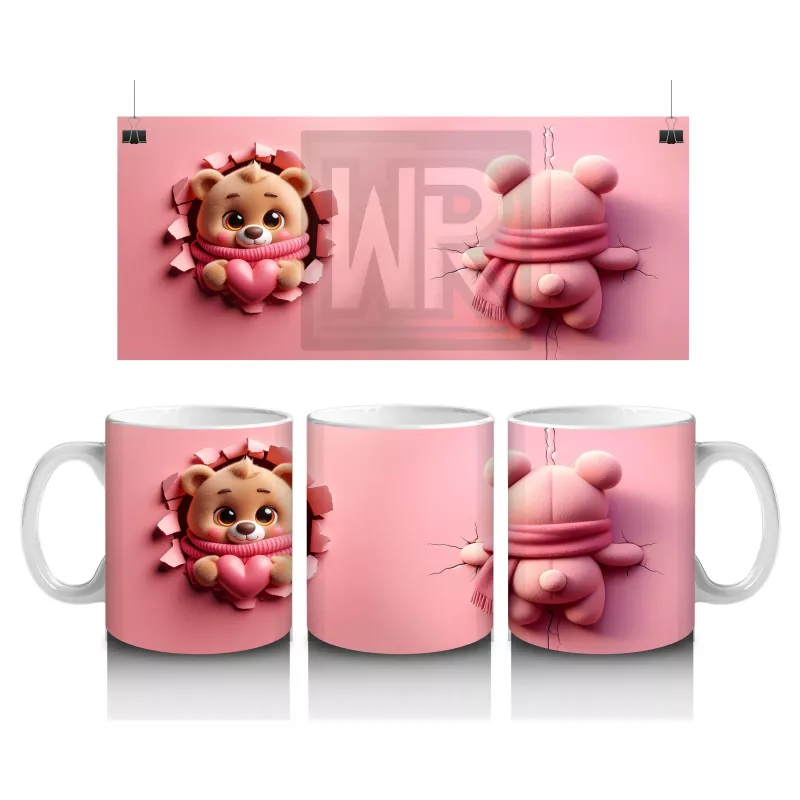 Kalpli Figür Tutan Sevimli Ayıcık Karakteri (Ön ve Arka) - Baskılı kahve kupası