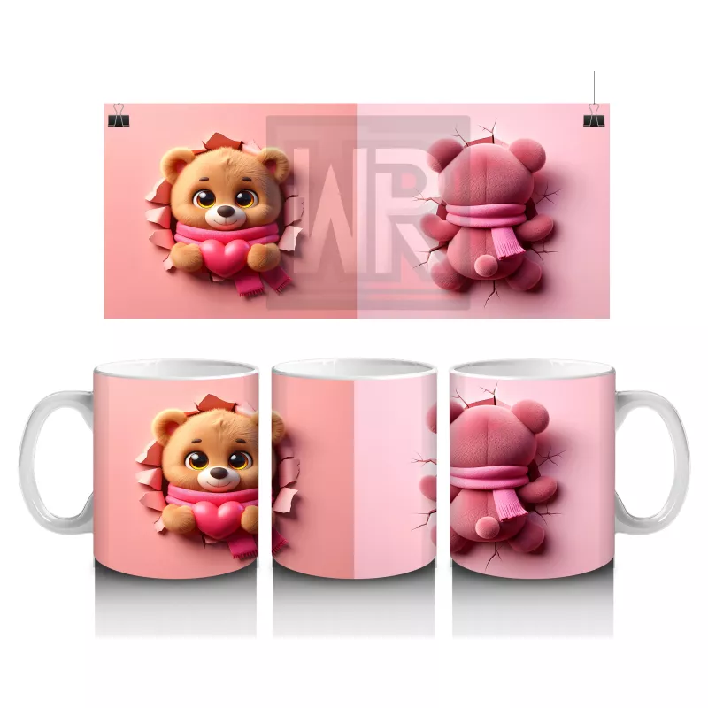 Kalpli Figür Tutan Sevimli Ayıcık Karakteri (Ön ve Arka) - Baskılı kahve kupası