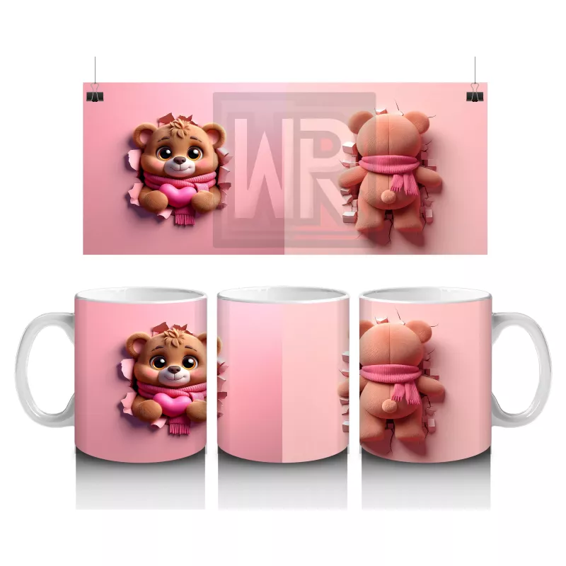 Kalpli Figür Tutan Sevimli Ayıcık Karakteri (Ön ve Arka) - Baskılı kahve kupası