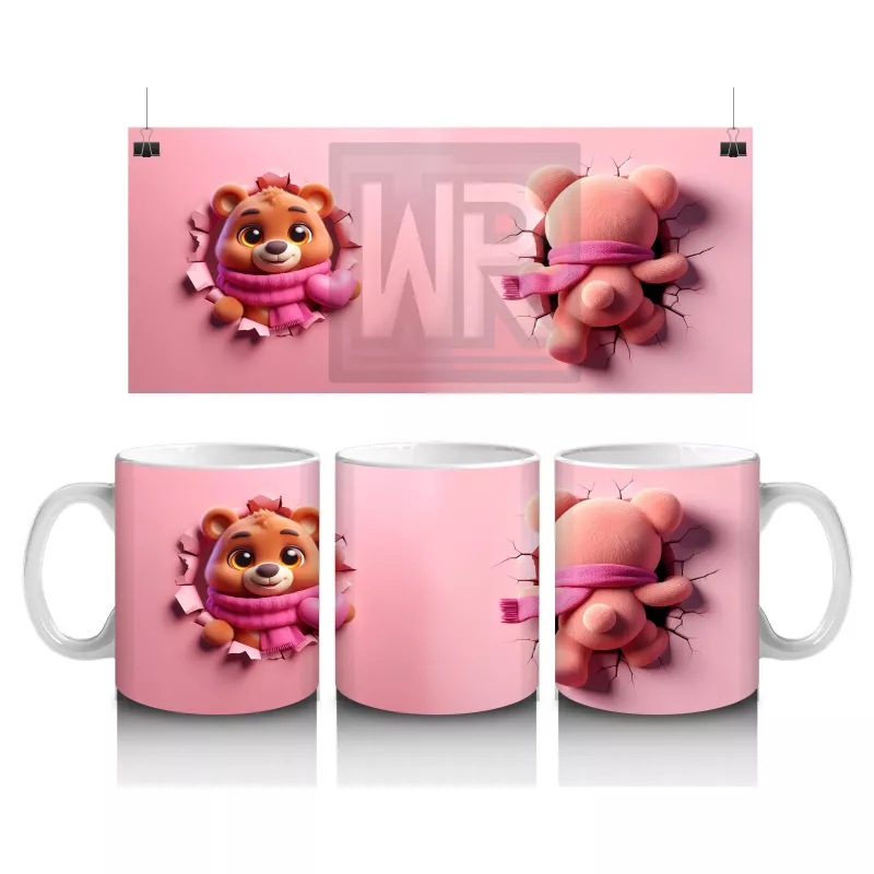 Kalpli Figür Tutan Sevimli Ayıcık Karakteri (Pembe Şal Detaylı) - Baskılı kahve kupası