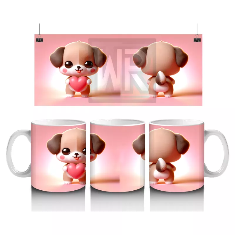 Kalpli Figür Tutan Sevimli Köpekçik (Ön ve Arka) - Baskılı kahve kupası