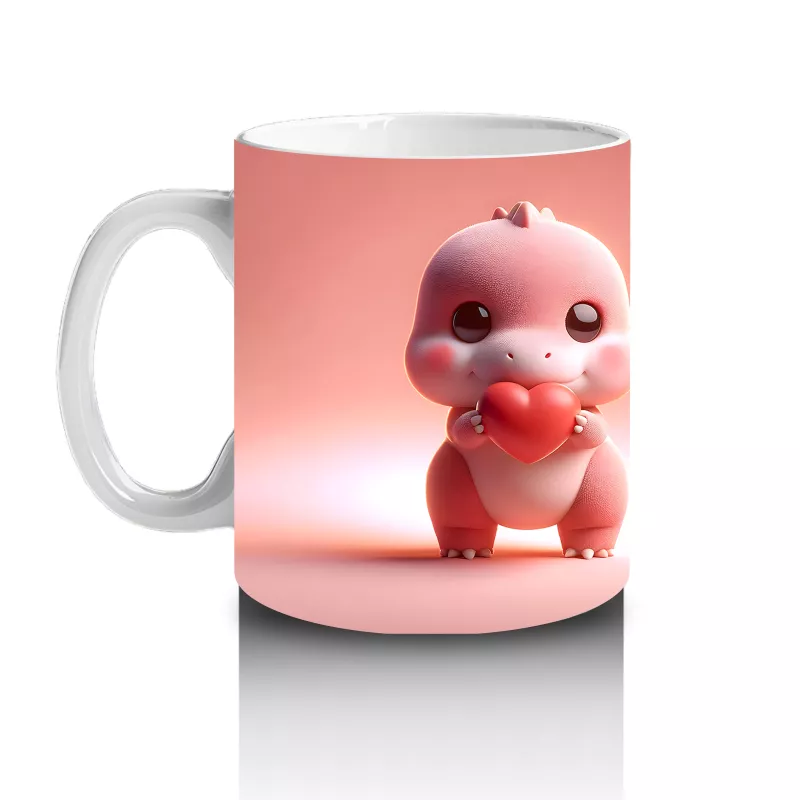 Kalpli Figür Tutan Sevimli Pembe Dinozor (Ön ve Arka) - Baskılı kahve kupası - 2