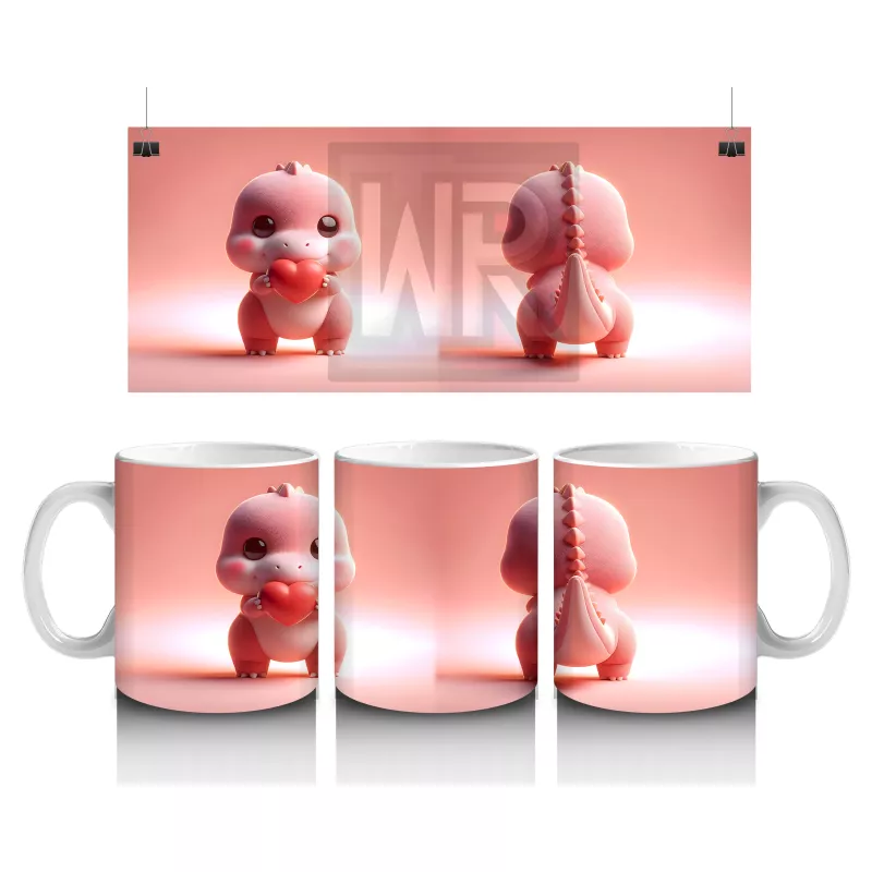 Kalpli Figür Tutan Sevimli Pembe Dinozor (Ön ve Arka) - Baskılı kahve kupası