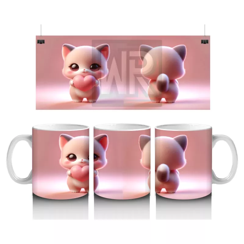 Kalpli Figür Tutan Sevimli Pembe Kedi (Ön ve Arka) - Baskılı kahve kupası