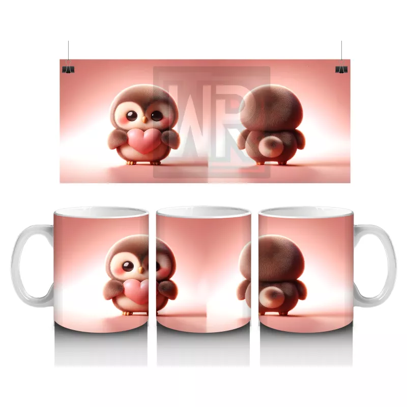 Kalpli Figür Tutan Sevimli Penguen (Ön ve Arka Görünüm) - Baskılı kahve kupası