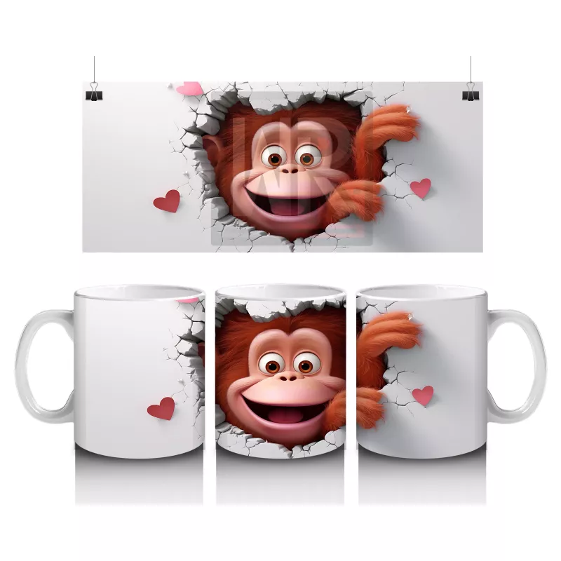 Kalpli Fon Üzerinde Gülümseyen Maymun – Baskılı Kahve Kupası