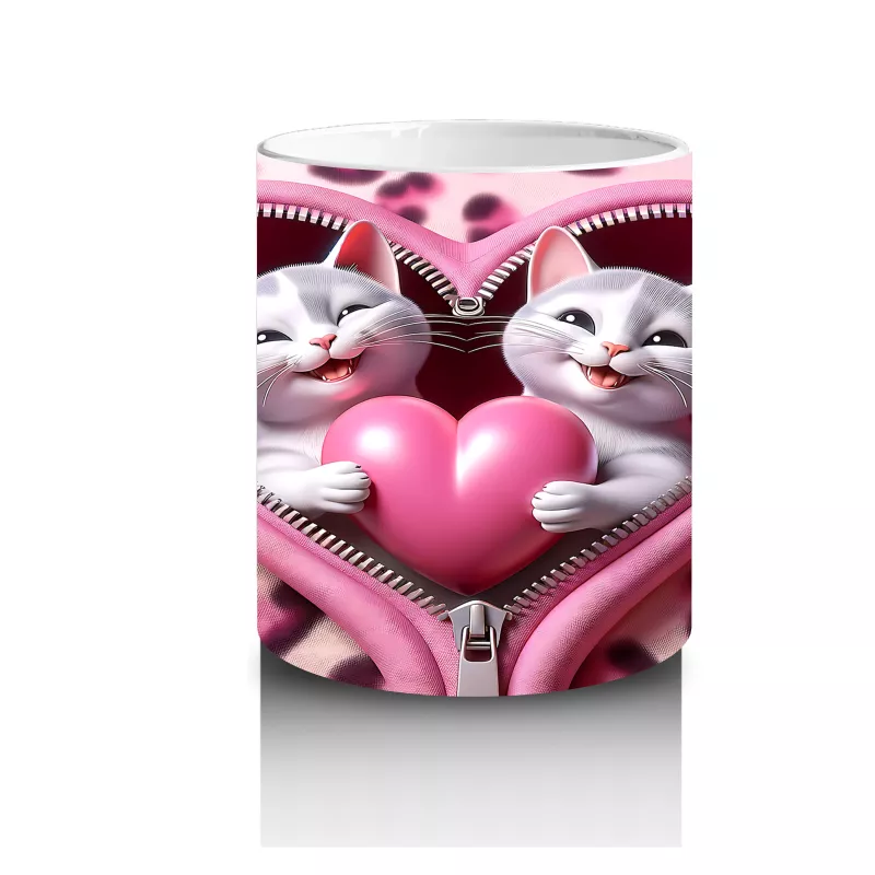 Kalpli Fon Üzerinde Sevimli Kediler – Baskılı Kahve Kupası - 3