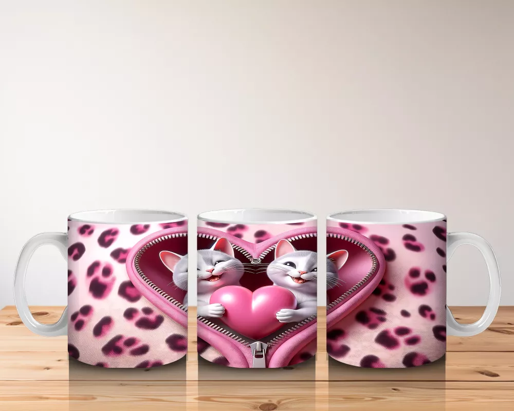 Kalpli Fon Üzerinde Sevimli Kediler – Baskılı Kahve Kupası - 5