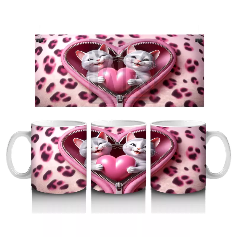 Kalpli Fon Üzerinde Sevimli Kediler – Baskılı Kahve Kupası