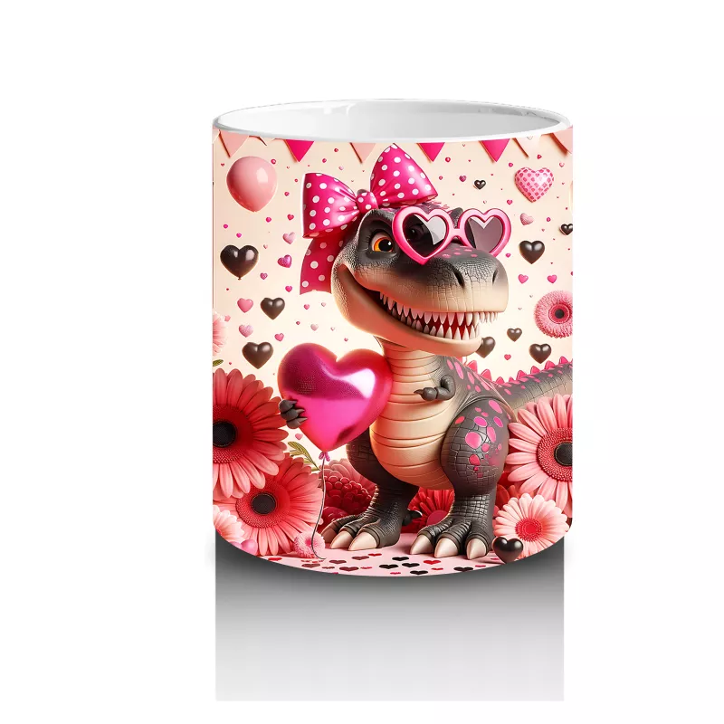 Kalpli Gözlüklü Çiçekler Arasında Dinozor Tasarımı - Baskılı kahve kupası - 3