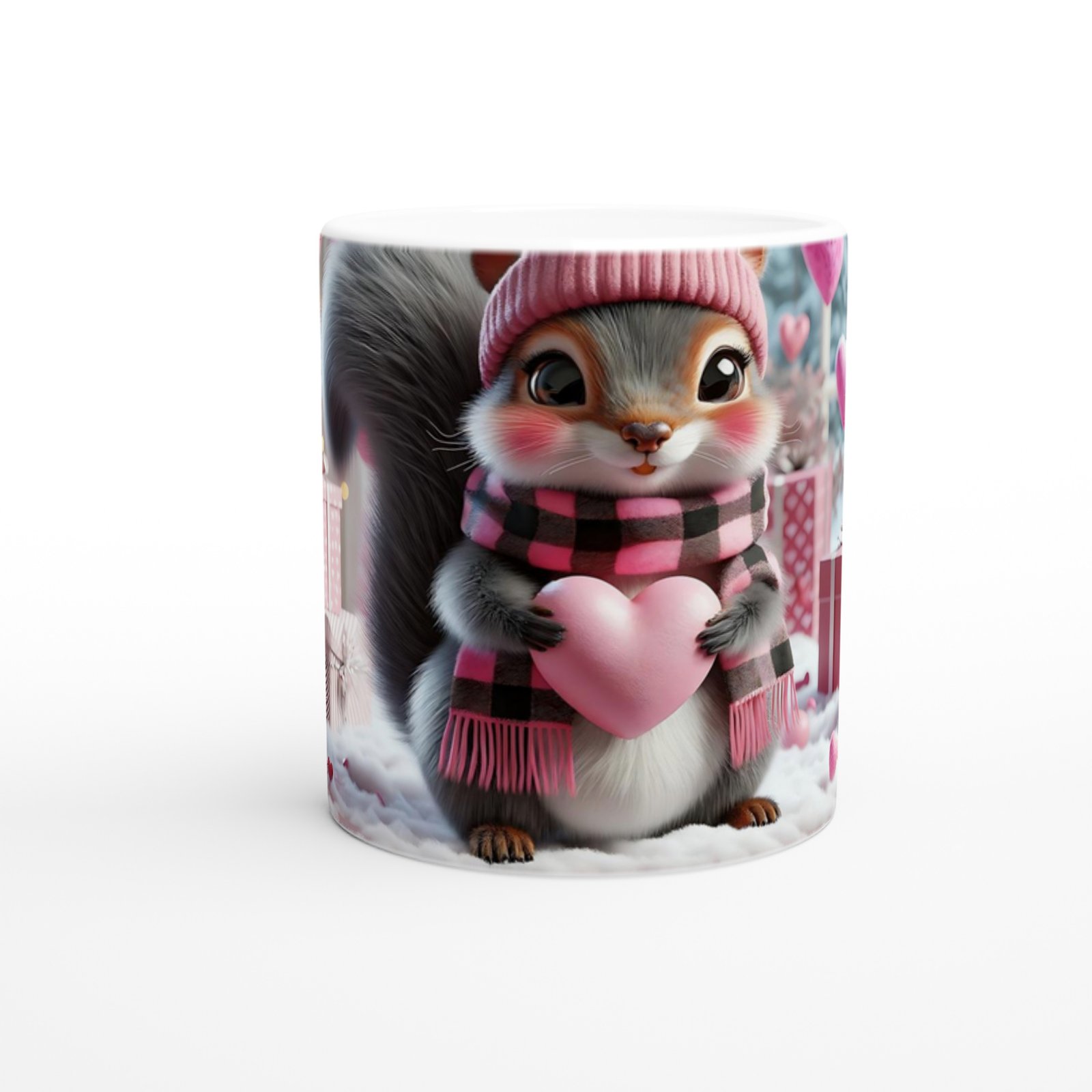 Kalpli Hediye Kutuları Arasında Sevimli Sincap Temalı Baskılı Kupa Bardak