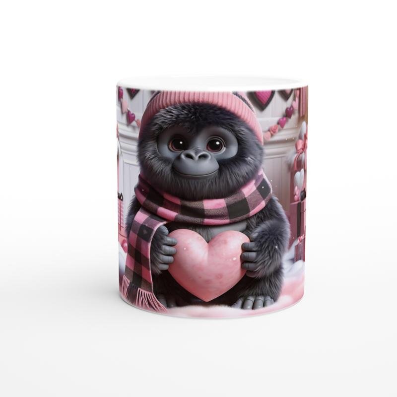 Kalpli Hediye Tutan Sevimli Goril Temalı Baskılı Kupa Bardak