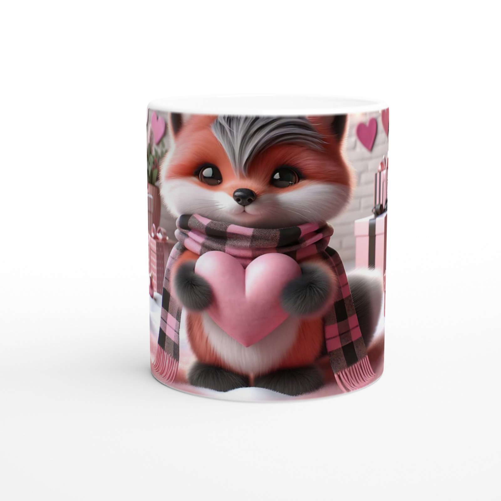 Kalpli Hediye Tutan Sevimli Tilki Temalı Baskılı Kupa Bardak