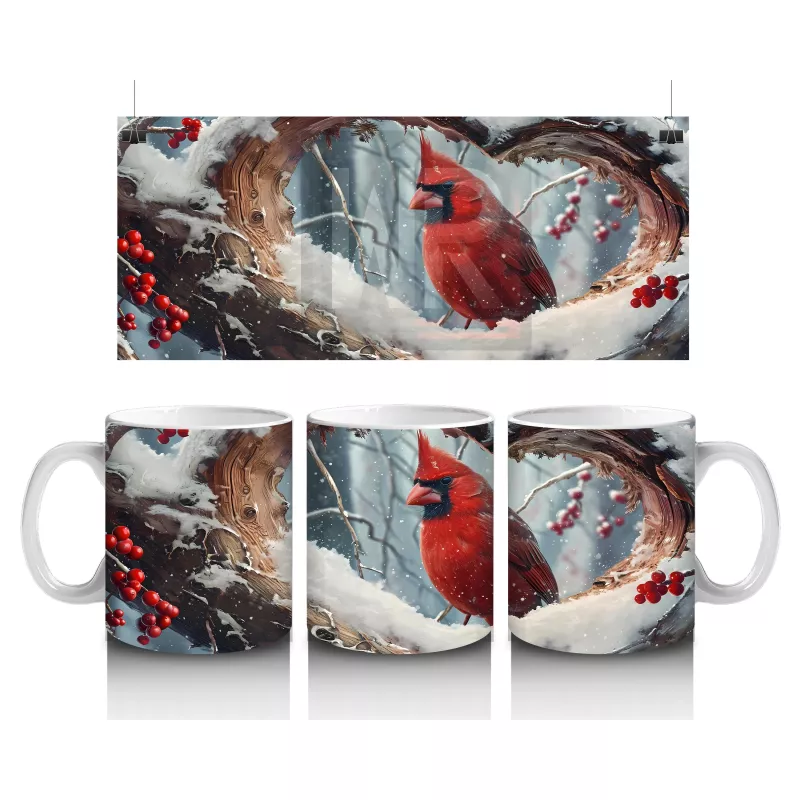 Kalpli Kış Manzarasında Kardinal Kuşu - Baskılı Kahve Kupası