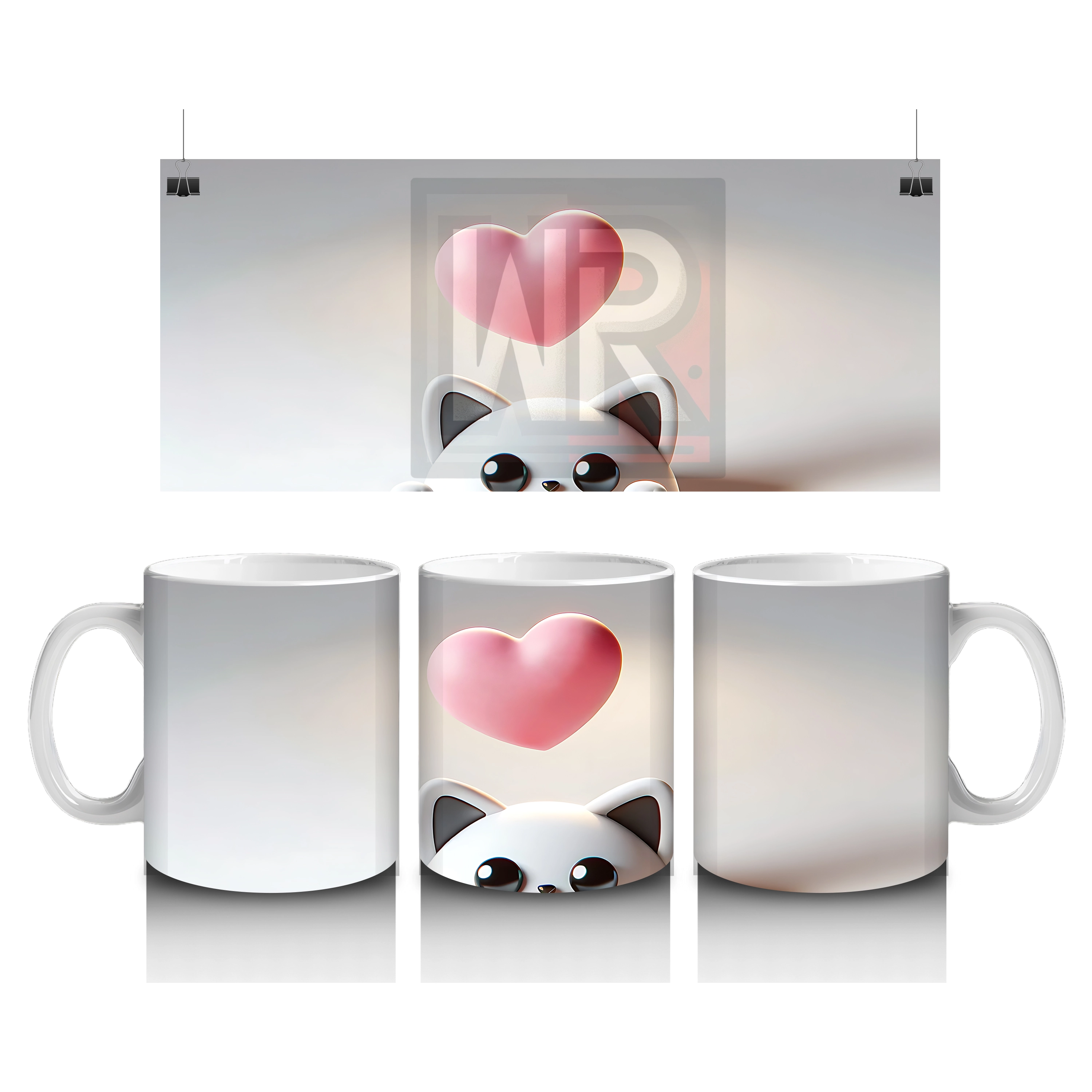 Kalpli Minimal Arka Plan Üzerinde Sevimli Kedi Kafası - Baskılı kahve kupası