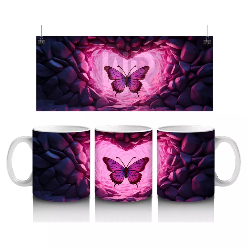 Kalpli Parıltılar Arasında Mor Kelebek - Baskılı Kahve Kupası