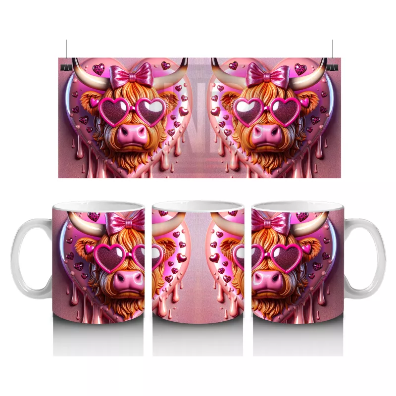 Kalpli Pembe Fon Üzerinde Neon Işıklı Boğa – Baskılı Kahve Kupası