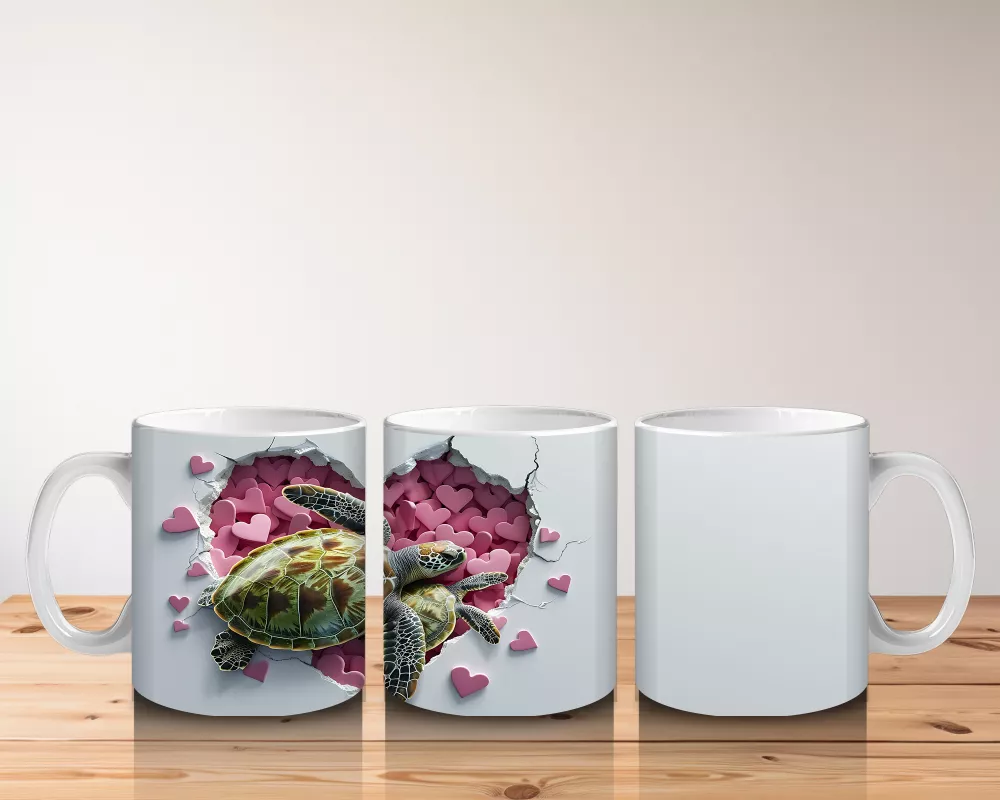 Kalpli Pembe Zemin Üzerinde Sevimli Deniz Kaplumbağası - Baskılı kahve kupası - 5