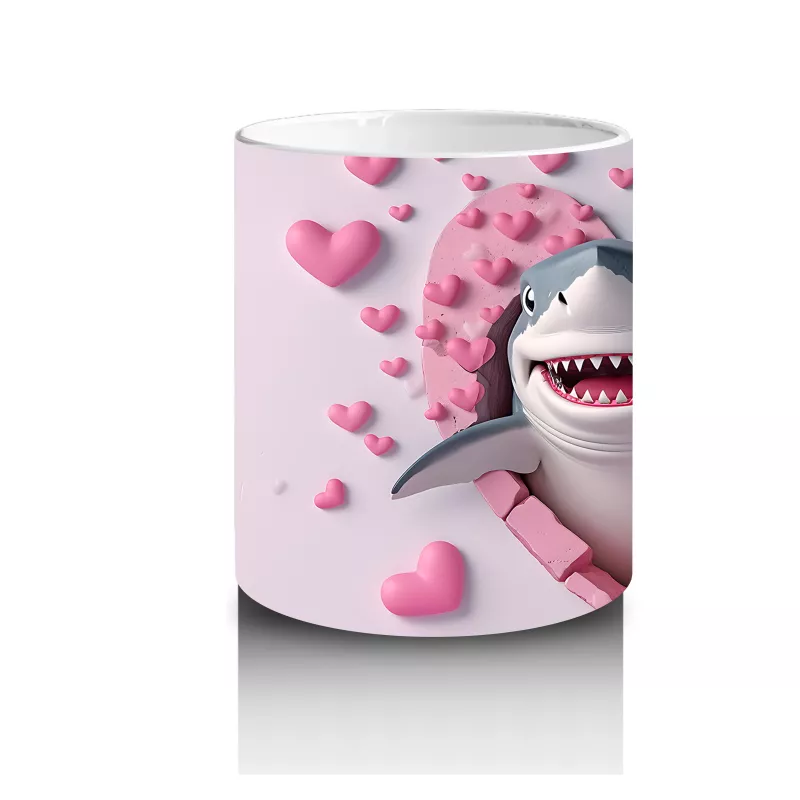 Kalpli Pembe Zeminde Gülümseyen Sevimli Köpekbalığı - Baskılı kahve kupası - 3