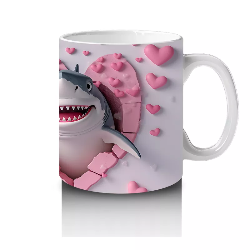 Kalpli Pembe Zeminde Gülümseyen Sevimli Köpekbalığı - Baskılı kahve kupası - 4