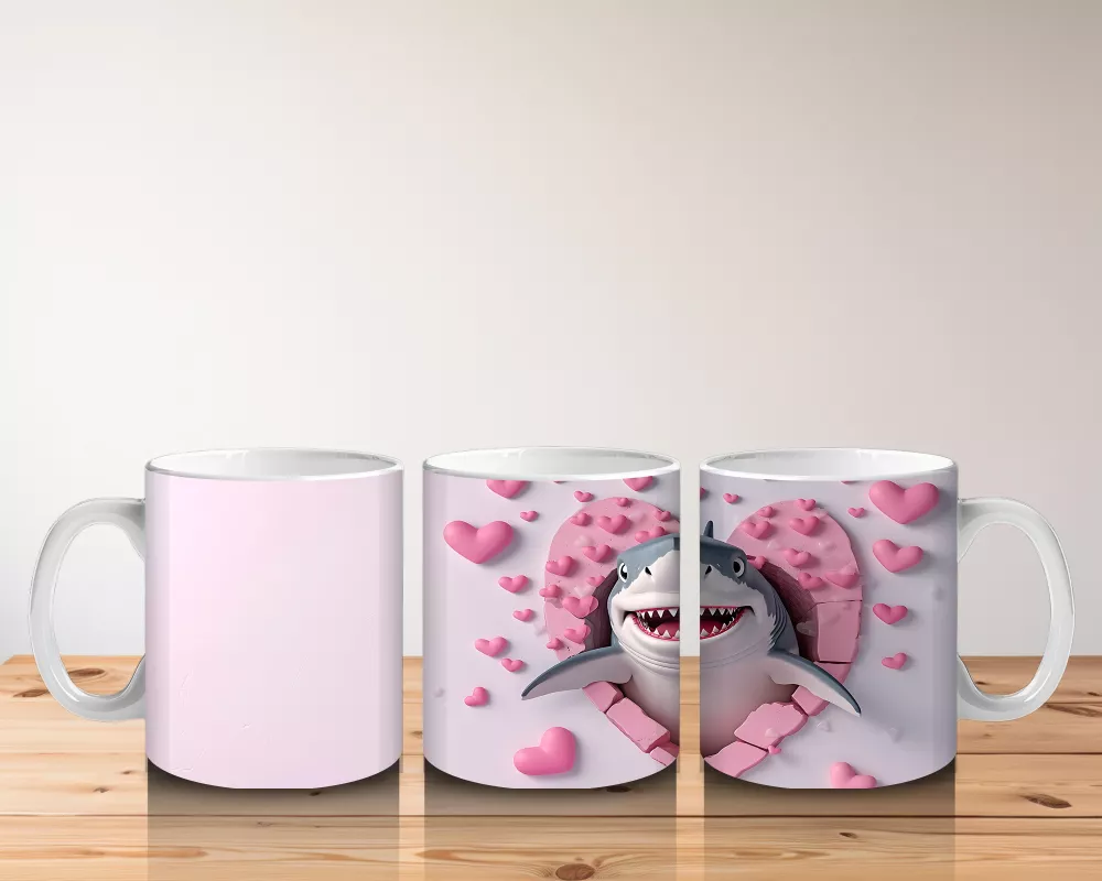 Kalpli Pembe Zeminde Gülümseyen Sevimli Köpekbalığı - Baskılı kahve kupası - 5
