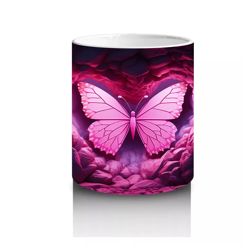Kalpli Siyah Taşlar Üzerinde Pembe Kelebek – Baskılı Kahve Kupası - 3